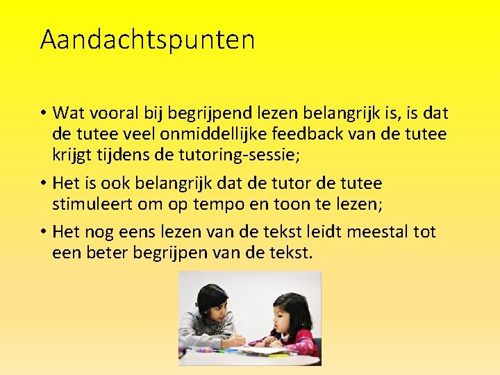 Aandachtspunten • Wat vooral bij begrijpend lezen belangrijk is, is dat de tutee veel