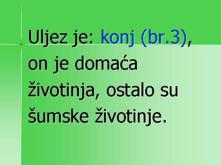 Uljez je: konj (br. 3), on je domaća životinja, ostalo su šumske životinje. 