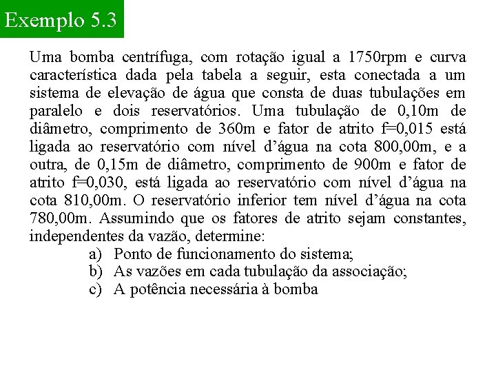 Exemplo 5. 3 Uma bomba centrífuga, com rotação igual a 1750 rpm e curva