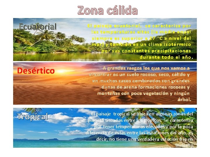 Zona cálida Ecuatorial Desértico Tropical El paisaje ecuatorial, se caracteriza por las temperaturas altas