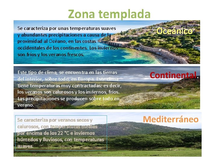 Zona templada Se caracteriza por unas temperaturas suaves y abundantes precipitaciones a causa de