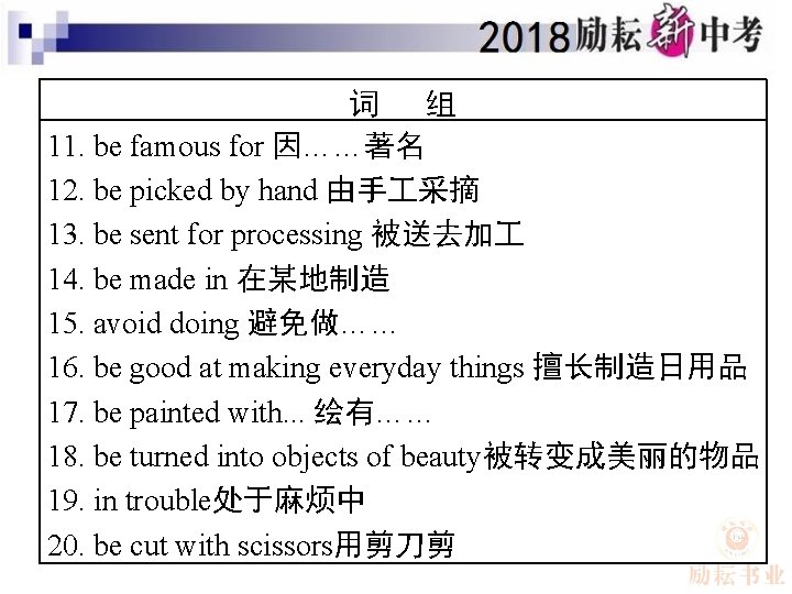 词 组 11. be famous for 因……著名 12. be picked by hand 由手 采摘