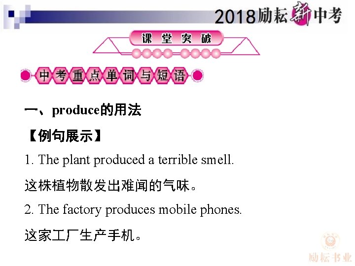 一、produce的用法 【例句展示】 1. The plant produced a terrible smell. 这株植物散发出难闻的气味。 2. The factory produces