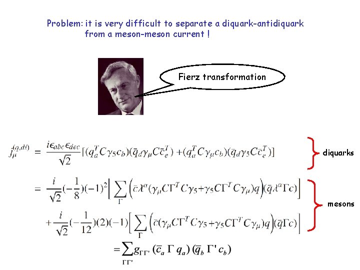 Problem: it is very difficult to separate a diquark-antidiquark from a meson-meson current !