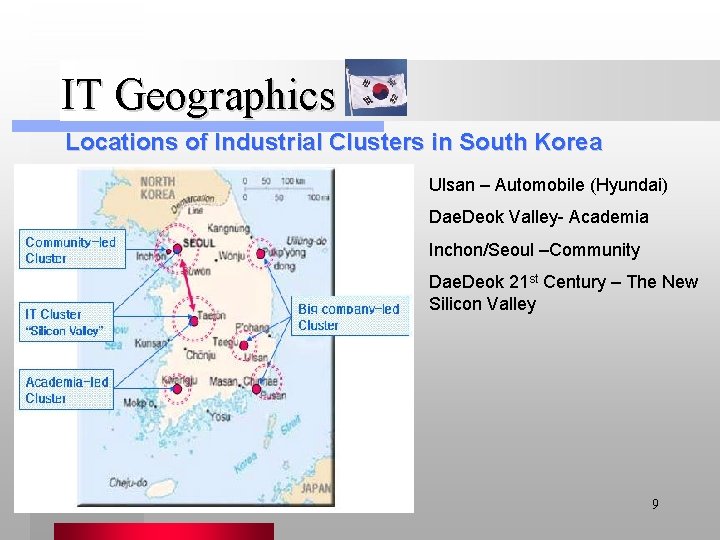 IT Geographics Locations of Industrial Clusters in South Korea Ulsan – Automobile (Hyundai) Dae.