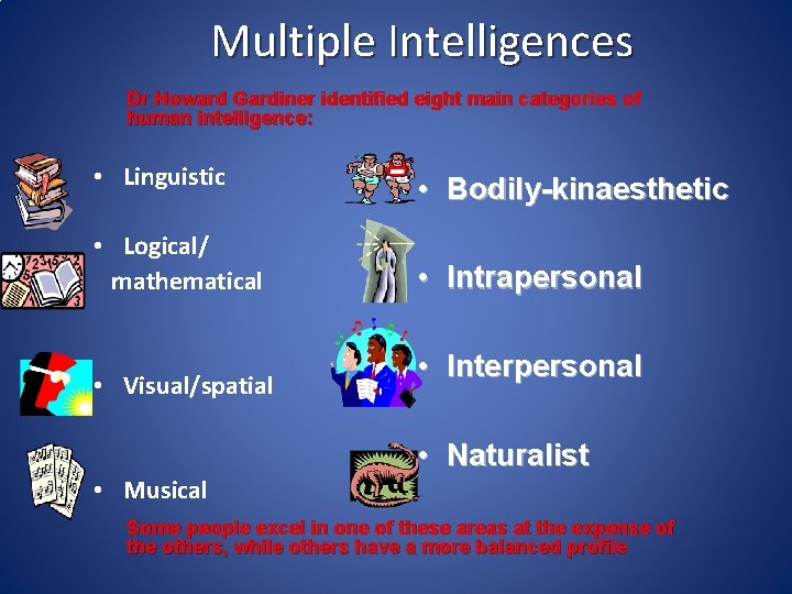 Multiple Intelligences Dr Howard Gardiner identified eight main categories of human intelligence: • Linguistic