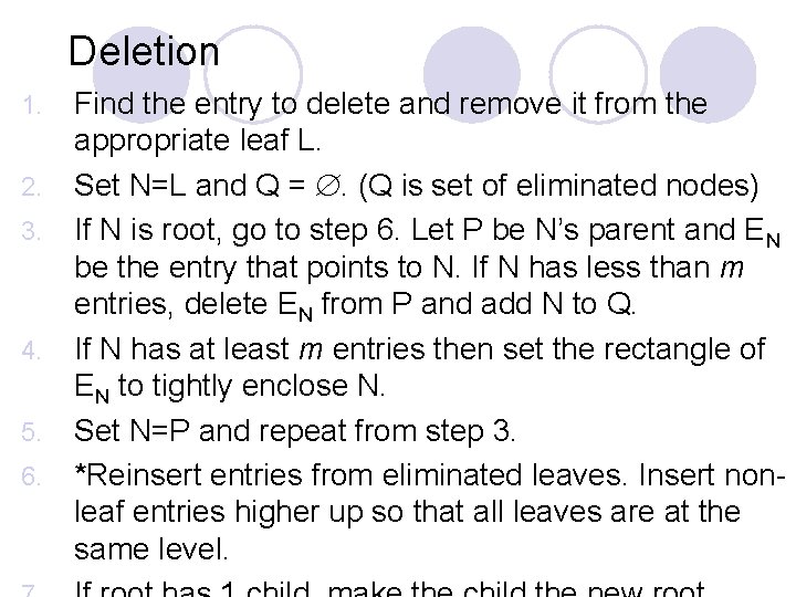 Deletion 1. 2. 3. 4. 5. 6. Find the entry to delete and remove Deletion 1. 2. 3. 4. 5. 6. Find the entry to delete and remove