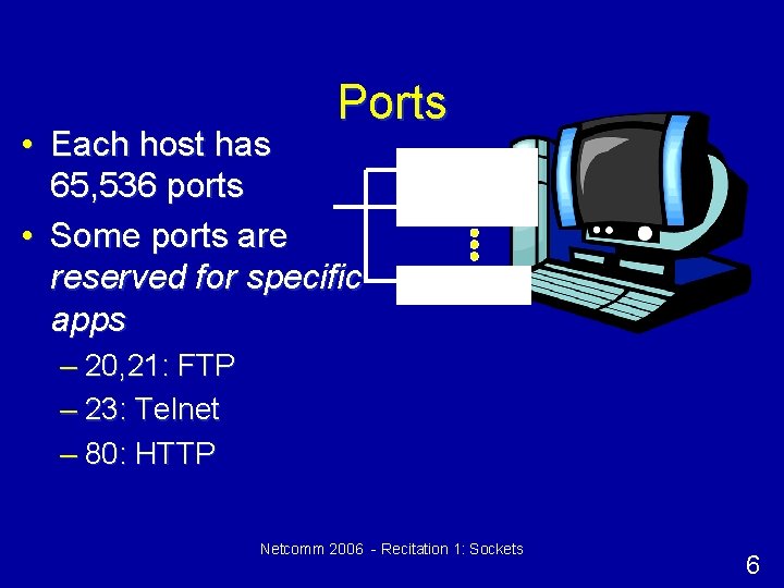 Ports • Each host has 65, 536 ports • Some ports are reserved for