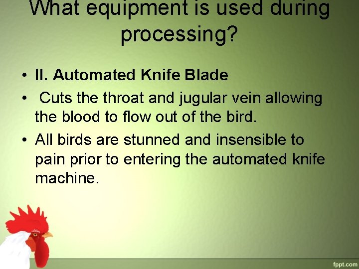 What equipment is used during processing? • II. Automated Knife Blade • Cuts the What equipment is used during processing? • II. Automated Knife Blade • Cuts the