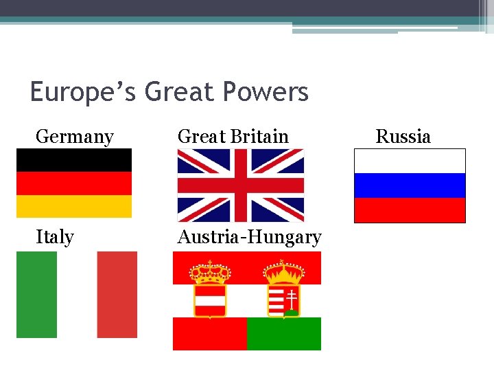 Europe’s Great Powers Germany Great Britain Italy Austria-Hungary Russia 
