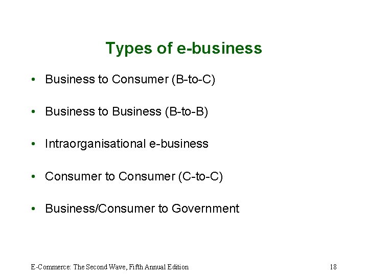 Types of e-business • Business to Consumer (B-to-C) • Business to Business (B-to-B) •