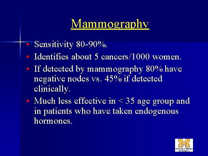 Mammography • • • Sensitivity 80 -90%. Identifies about 5 cancers/1000 women. If detected