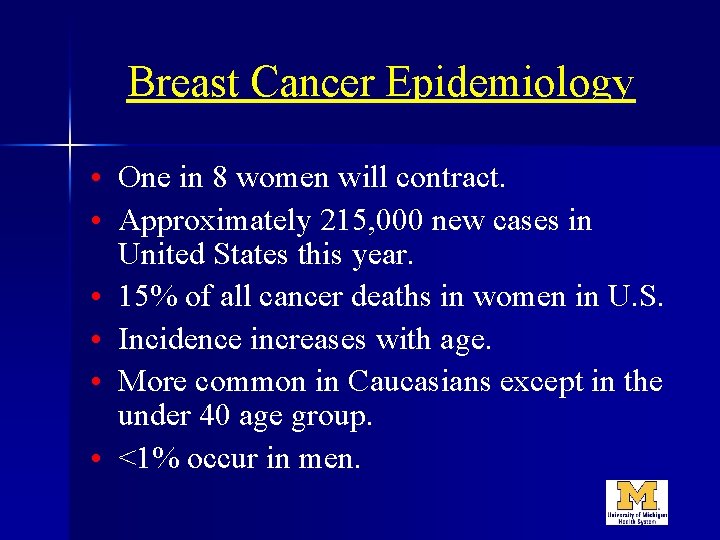 Breast Cancer Epidemiology • One in 8 women will contract. • Approximately 215, 000