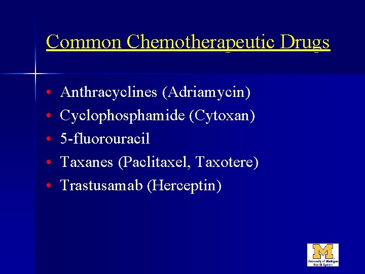 Common Chemotherapeutic Drugs • • • Anthracyclines (Adriamycin) Cyclophosphamide (Cytoxan) 5 -fluorouracil Taxanes (Paclitaxel,