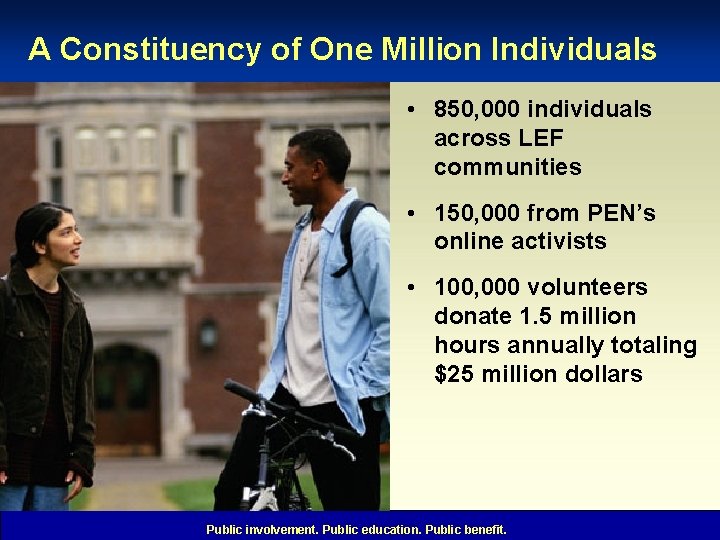 A Constituency of One Million Individuals • 850, 000 individuals across LEF communities •