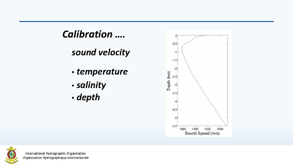 Calibration …. sound velocity temperature • salinity • depth • International Hydrographic Organization Organisation