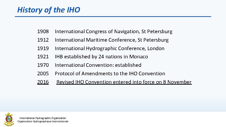 History of the IHO 1908 1912 1919 1921 1970 2005 2016 International Congress of