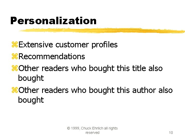 Personalization z. Extensive customer profiles z. Recommendations z. Other readers who bought this title Personalization z. Extensive customer profiles z. Recommendations z. Other readers who bought this title