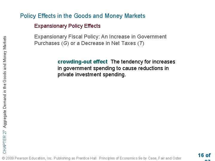 Policy Effects in the Goods and Money Markets CHAPTER 27 Aggregate Demand in the