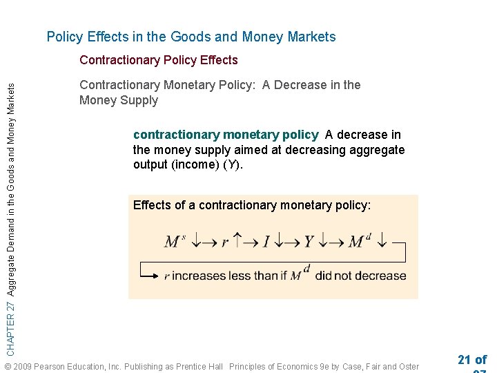 Policy Effects in the Goods and Money Markets CHAPTER 27 Aggregate Demand in the