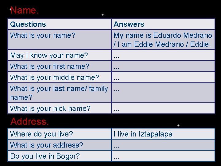 Name. Questions Answers What is your name? My name is Eduardo Medrano / I