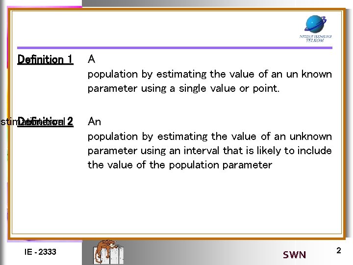 Definition 1 A population by estimating the value of an un known parameter using