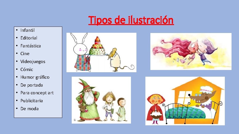 Tipos de ilustración • Infantil • Editorial • Fantástica • Cine • Videojuegos •