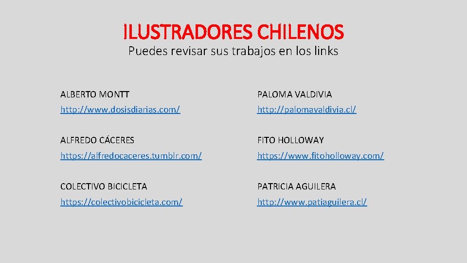 ILUSTRADORES CHILENOS Puedes revisar sus trabajos en los links ALBERTO MONTT PALOMA VALDIVIA http:
