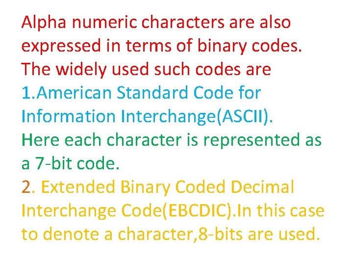 Alpha numeric characters are also expressed in terms of binary codes. The widely used