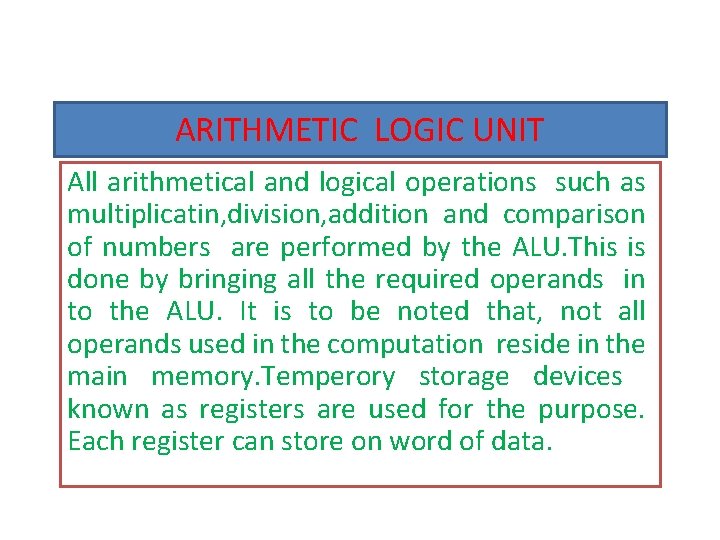 ARITHMETIC LOGIC UNIT All arithmetical and logical operations such as multiplicatin, division, addition and