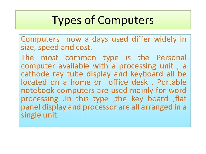 Types of Computers now a days used differ widely in size, speed and cost.