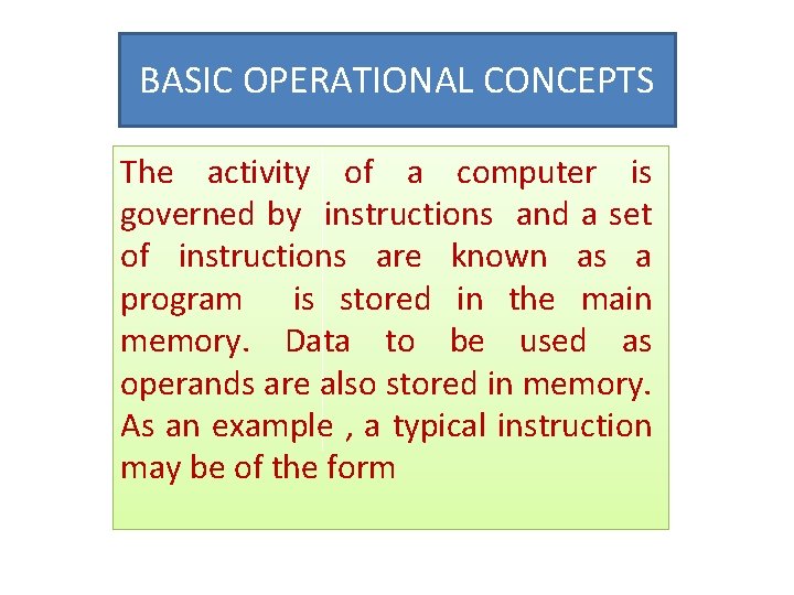BASIC OPERATIONAL CONCEPTS The activity of a computer is governed by instructions and a