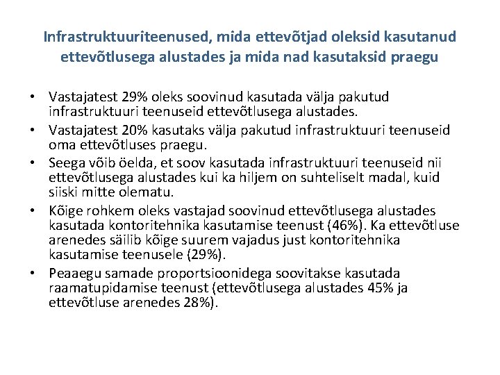 Infrastruktuuriteenused, mida ettevõtjad oleksid kasutanud ettevõtlusega alustades ja mida nad kasutaksid praegu • Vastajatest