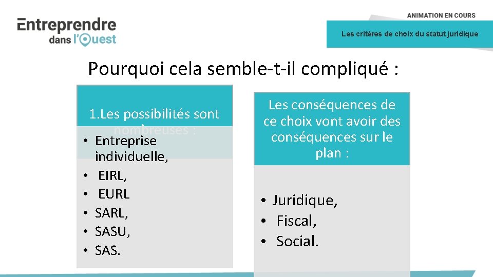 Les critères de choix du statut juridique Pourquoi cela semble-t-il compliqué : 1. Les