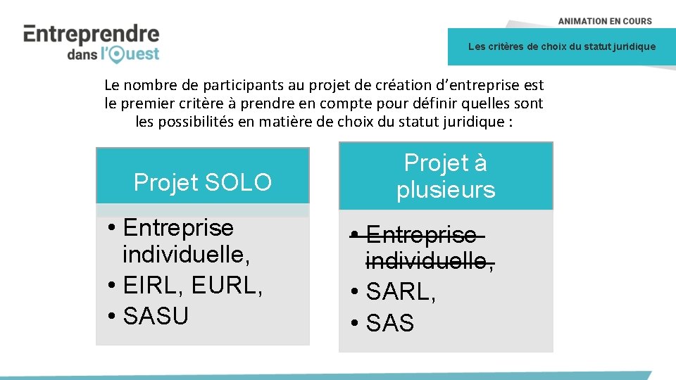 Les critères de choix du statut juridique Le nombre de participants au projet de