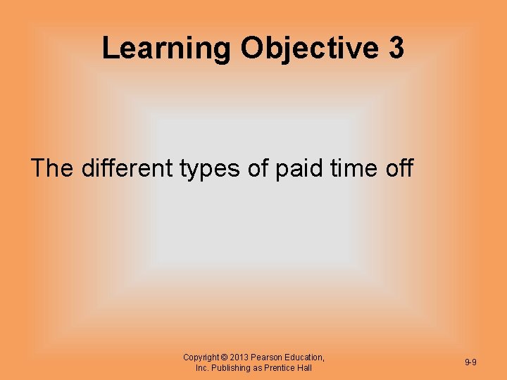 Learning Objective 3 The different types of paid time off Copyright © 2013 Pearson