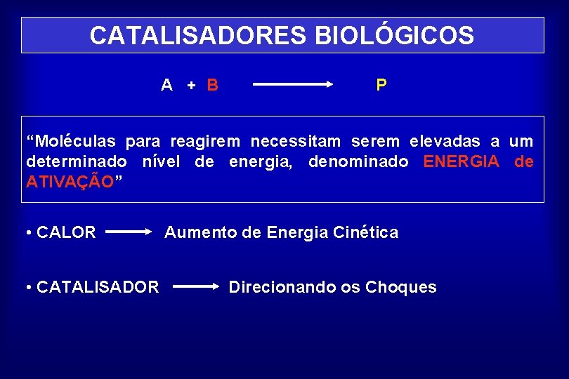 CATALISADORES BIOLÓGICOS A + B P “Moléculas para reagirem necessitam serem elevadas a um