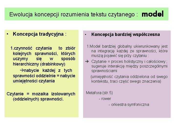 Ewolucja koncepcji rozumienia tekstu czytanego : • Koncepcja tradycyjna : 1. czynność czytania to