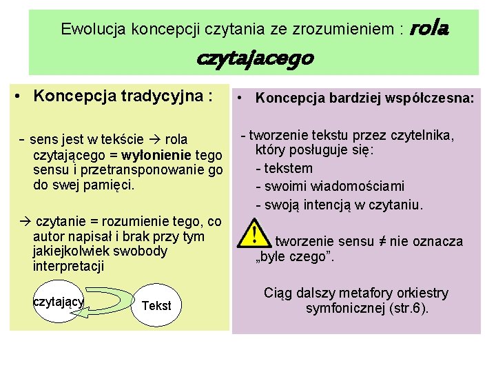 Ewolucja koncepcji czytania ze zrozumieniem : rola czytajacego • Koncepcja tradycyjna : - sens