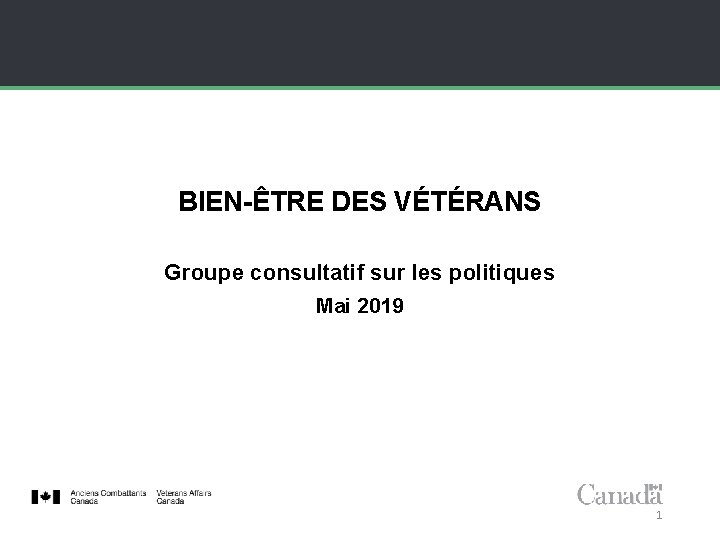 BIEN-ÊTRE DES VÉTÉRANS Groupe consultatif sur les politiques Mai 2019 1 