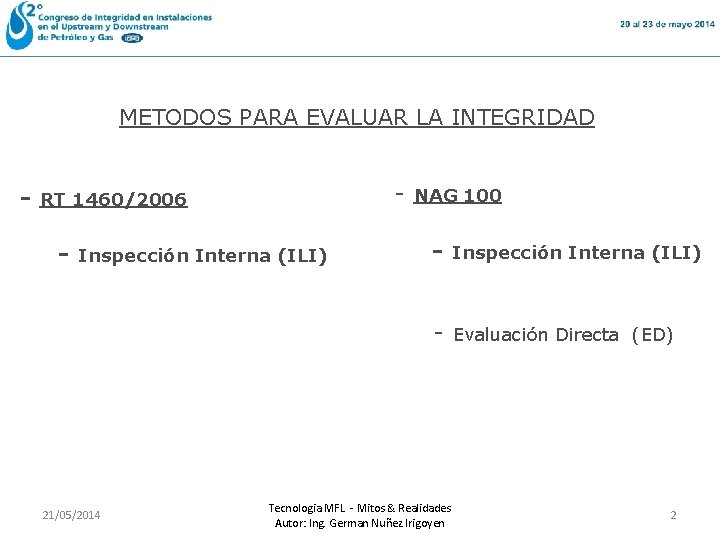 METODOS PARA EVALUAR LA INTEGRIDAD - - RT 1460/2006 - Inspección Interna (ILI) 21/05/2014