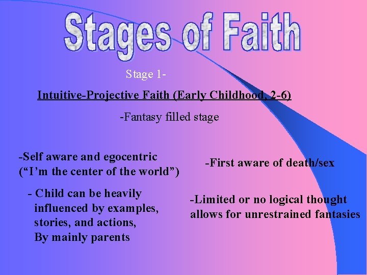 Stage 1 Intuitive-Projective Faith (Early Childhood, 2 -6) -Fantasy filled stage -Self aware and