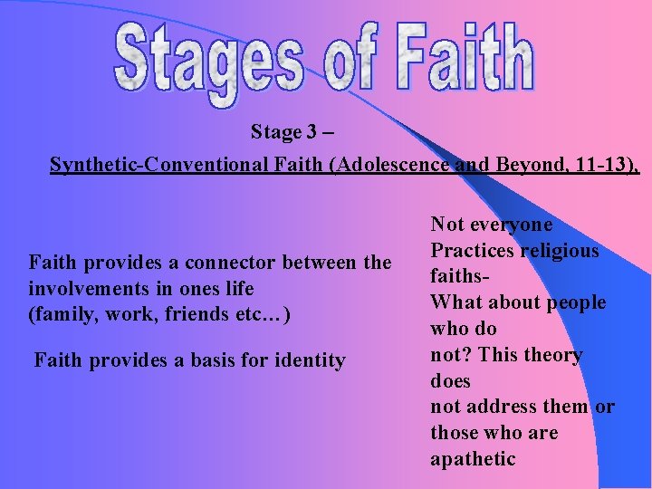 Stage 3 – Synthetic-Conventional Faith (Adolescence and Beyond, 11 -13), Faith provides a connector