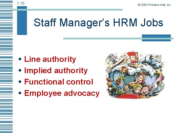 1 -16 © 2003 Prentice Hall, Inc. Staff Manager’s HRM Jobs w Line authority