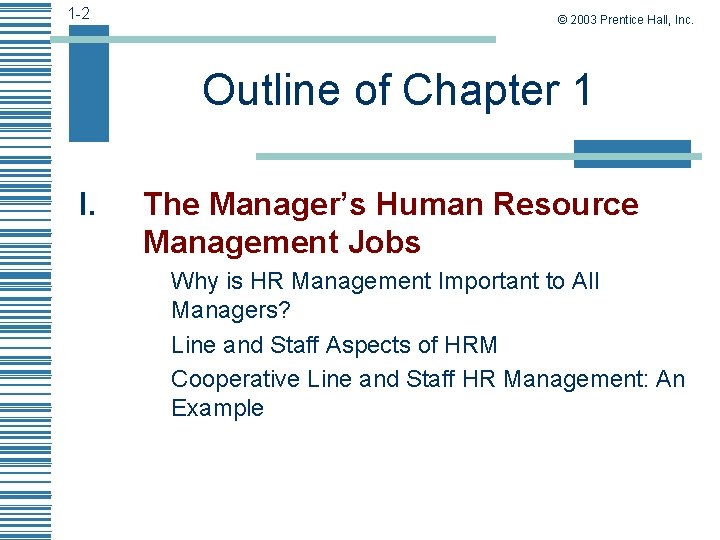 1 -2 © 2003 Prentice Hall, Inc. Outline of Chapter 1 I. The Manager’s