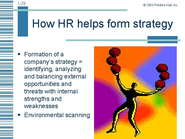 1 -29 © 2003 Prentice Hall, Inc. How HR helps form strategy w Formation