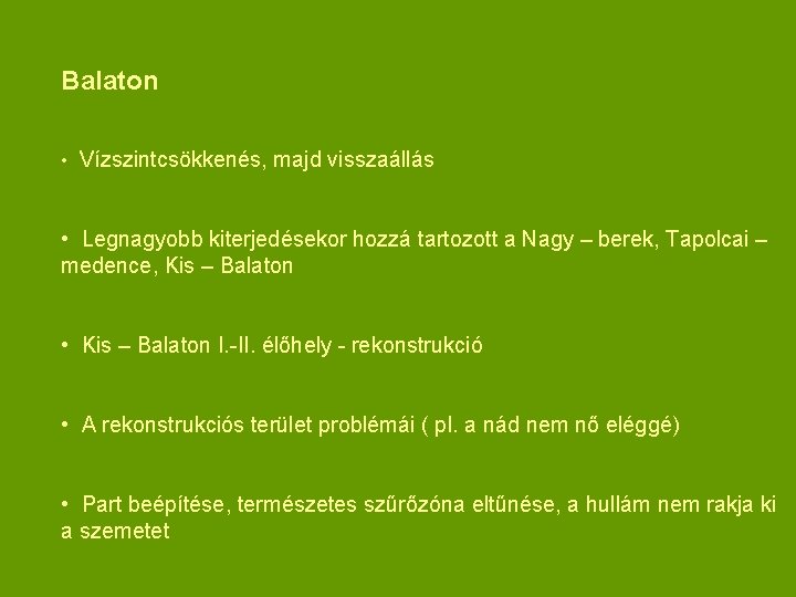 Balaton • Vízszintcsökkenés, majd visszaállás • Legnagyobb kiterjedésekor hozzá tartozott a Nagy – berek,