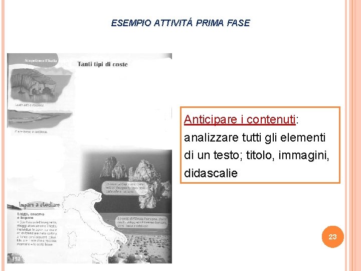 ESEMPIO ATTIVITÁ PRIMA FASE Anticipare i contenuti: analizzare tutti gli elementi di un testo;