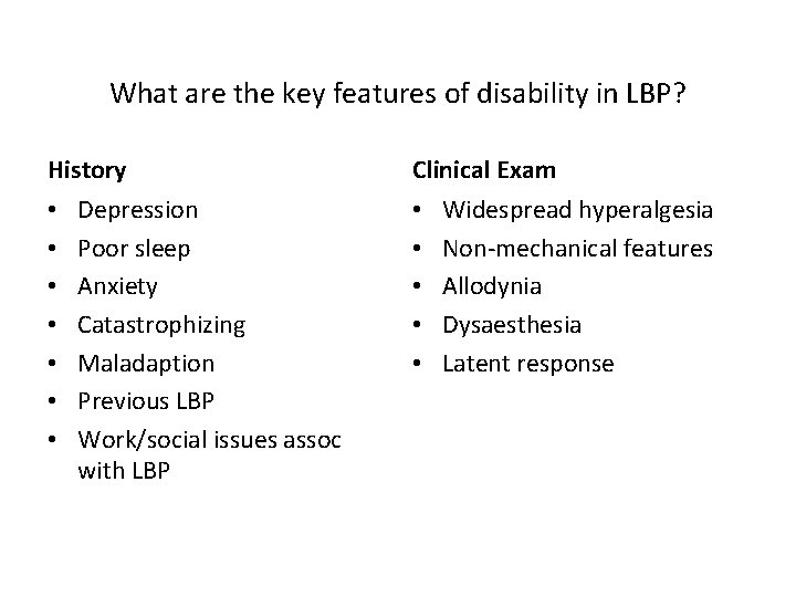 What are the key features of disability in LBP? History • • Depression Poor What are the key features of disability in LBP? History • • Depression Poor