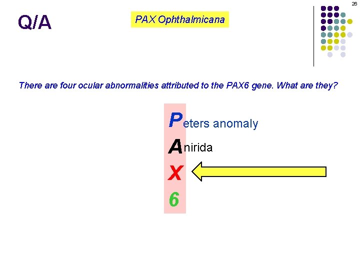 26 Q/A PAX Ophthalmicana There are four ocular abnormalities attributed to the PAX 6